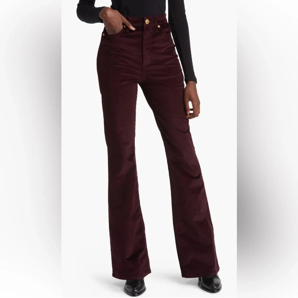 NWT rag & bone Burgundy High Waist Corduroy Flare Pants size 24 - Picture 1 of 8